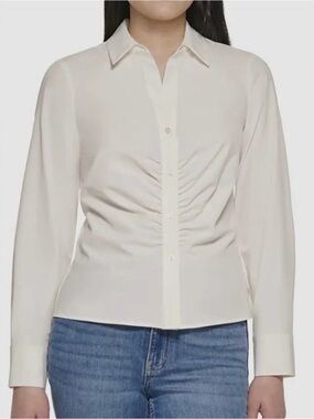 Calvin Klein White Ruched Front Button-Down Shirt